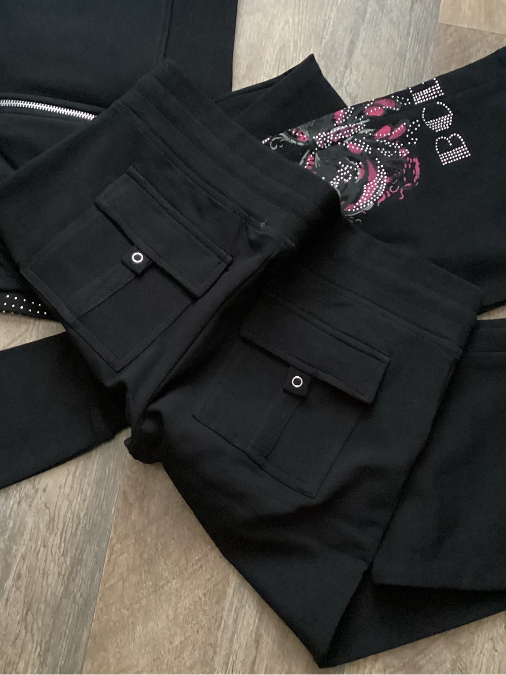 BCBGMaxAzria Black Rhinestone-Trim Hoodie Set - Picture 6 of 7